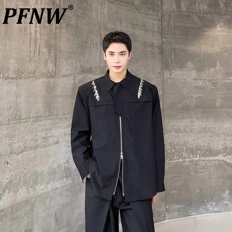 

PFNW Men's Tide Zipper Design Feeling Shoulder Pad Long Sleeve Shirt Loose Spring Autumn New Chic Casual Cardigan Tops 12P1451