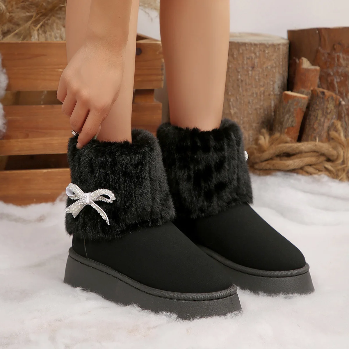 2025 Winter New Luxury Fashion Round Toe Designer Women's Snow Boots Casual Bowknot Ladies Pull-On Shallow Mouth Ankle Boots