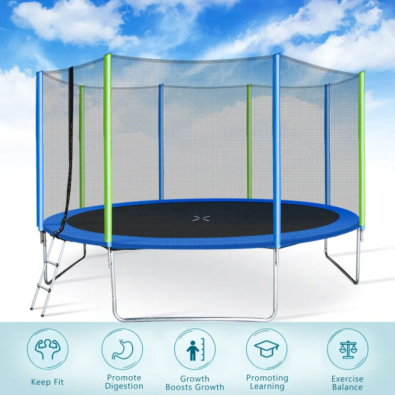 14FT Trampoline for Kids with Safety Enclosure Net, Ladder and 8 Wind Stakes, Round Outdoor Recreational Trampoline Outdoor