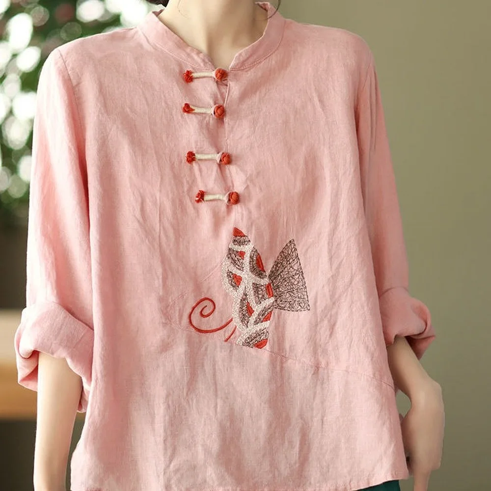 Women Chinese Style Shirt 3XL Traditional Linen Embroidery Tops Retro Loose Hanfu Blouse women chinese shirt women satin blouse