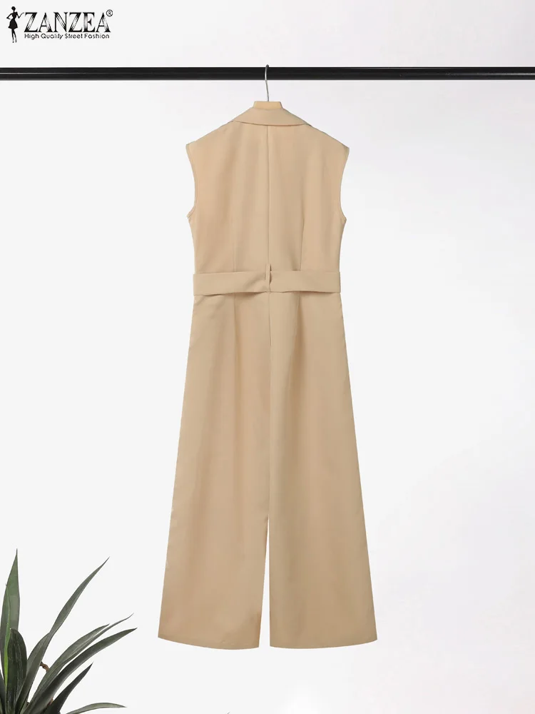 ZANZEA Women Summer Work OL Jumpsuits Fashion Overalls Pant Elegant Lapel Neck Sleeveless Rompers Solid Loose Wide Leg Trousers 5