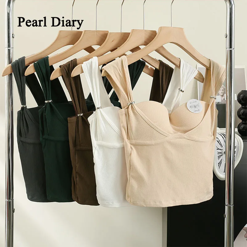 

Pearl Diary Summer Hot Girl Wind Fake Two Pieces Camisole Tops Women New With Chest Pad Sexy Crop Tops Slim Thin Knitting Top
