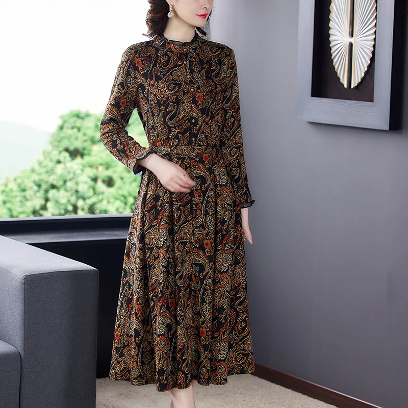

2023 New Fashion Silk Dress Women's Autumn Retro Print Pullover Dress French Loose Tight Fragmented Flower Long Dress Vestidos