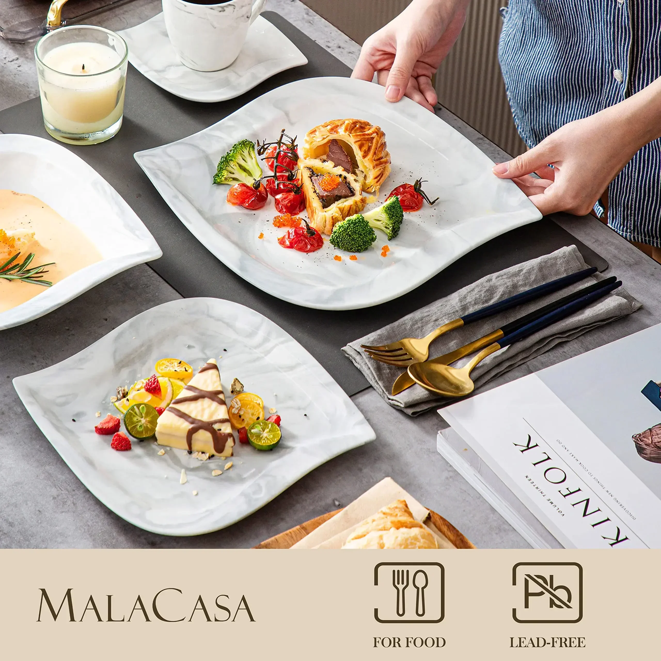 MALACASA Dinnerware Sets for 6, 30 Piece Porcelain Plates and Bowls Sets, Marble Dish Set with Dinner Plate Set, Cup and Saucer,