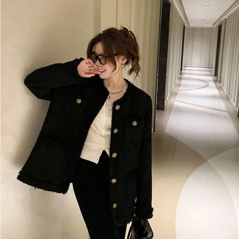 2024 New Spring Autumn Coarse Tweed Small Fragrant Wind Outwear Fashion Versatile Jacket Casual Elegant Round Neck Overcoat Top