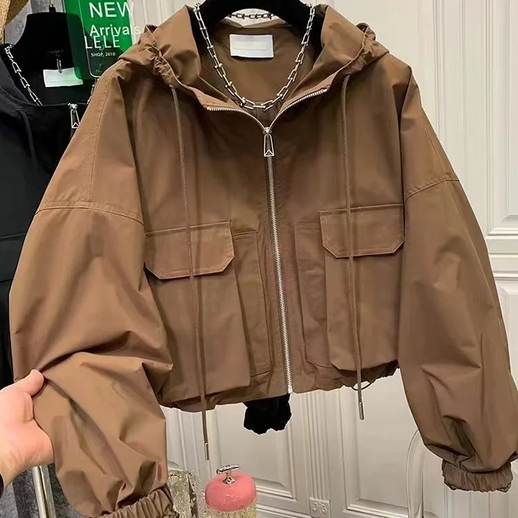 Autumn niche loose Harajuku BF jacket top hooded pocket work jacket women's short cut small figure trend
