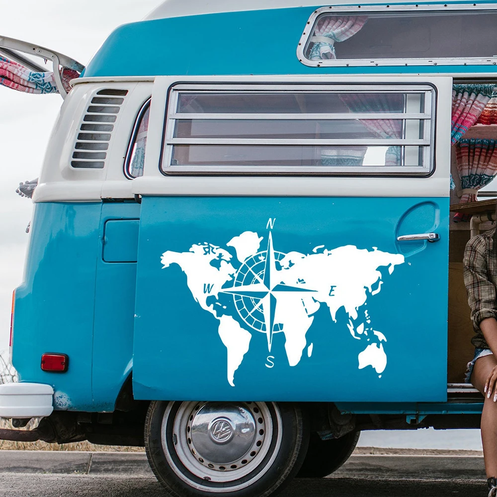 Большая карта мира, компас, фургон, автомобильная наклейка, кемпинг, путешествия, изучение жилого прицепа, Фотофон, наклейка, автомобильный Декор Большая карта мира, компас, фургон, автомобильная наклейка, кемпинг, путешествия, изучение жилого прицепа, Фотофон, наклейка, автомобильный Декор