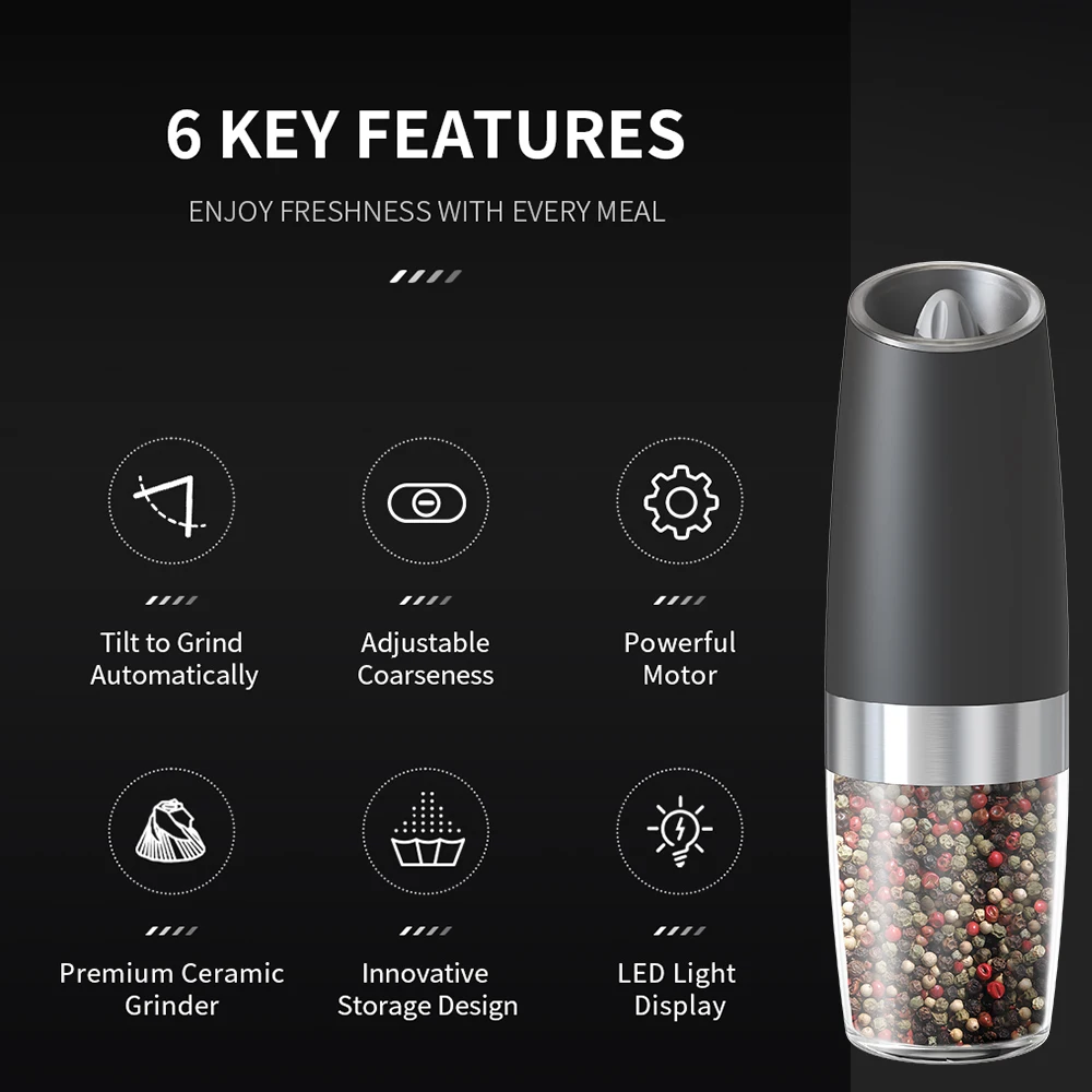 Gravity Sensing Electric Salt and Pepper Grinder for Kitchen Adjustable Coarseness Battery Automatic Spice Grinders Cooking Tool