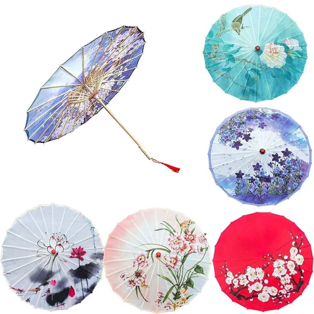 Vintage Oiled Paper Umbrella Patterned Handmade Stick Umbrella Long-handle Colorful Chinese Silk Wedding Parties