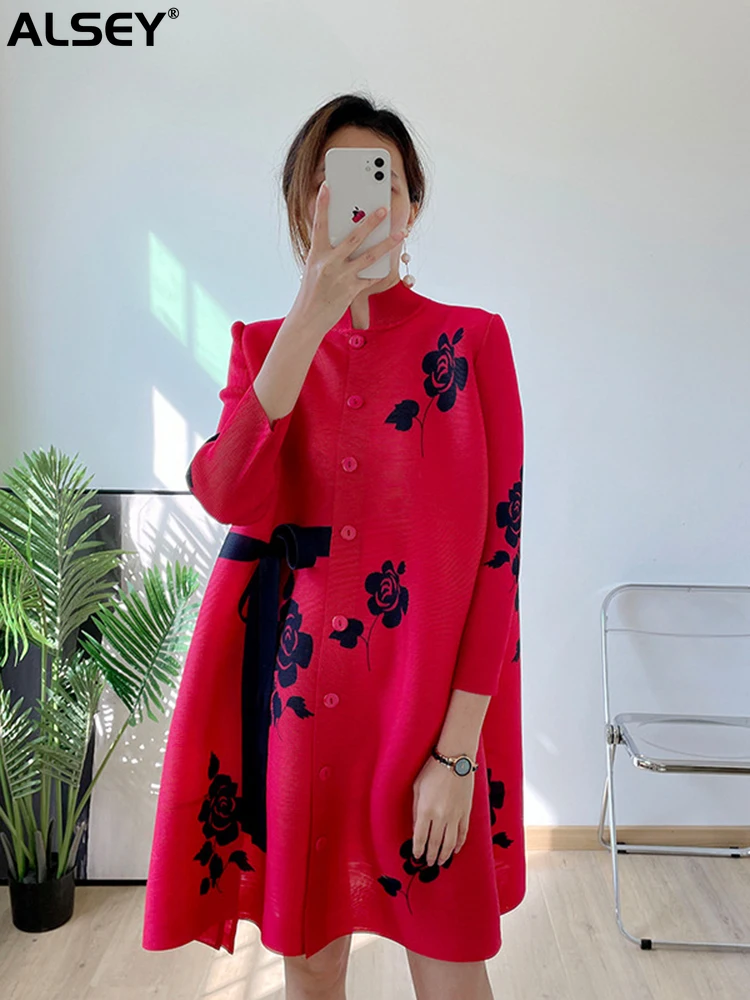 

ALSEY Miyake Pleated Dress Fashion Kawaii Rose Print Single-breasted Drawstring Loose Women Elegant Dress 2023 Spring Summer New