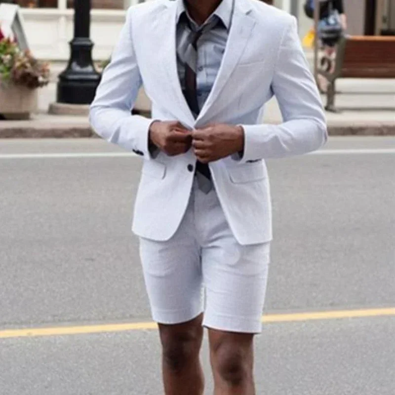 2024 Fashion Summer White Jacket Short Pant Men Suit Casual Slim Fit Blazer Hombre High Quality Custom 2 Piece Set Costume Homme