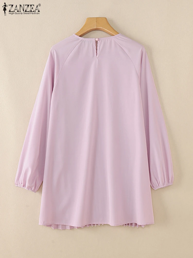 ZANZEA Muslim Blouse IsIamic Clothing Women Long Sleeve Pleated Tops Long Shirt Abayas For Women Dubai Abaya Turkey Kaftan
