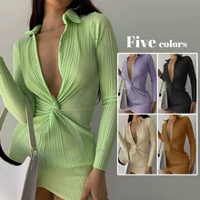 

summer Autumn Fashion Turn-Down Collar Shirt Dress Stylish Ruched Sexy V Neck Long Sleeve Button Up Mini Dresses