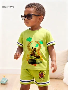 2 Pcs Baby Boy Clothes Summer Casual Set Ice Skating Shoe And Trophy Print Outdoors Play Happy Child Adventure Fun Active Kids W 1
