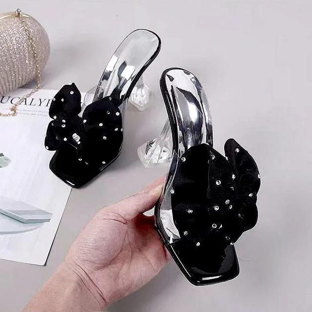 Crystal High Heels Women Slippers Slides for Women Summer 2022 New Fashion Fine-heeled Open-toed Big Flowers Slippers Woman