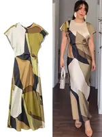 HH Print Midi Dress Woman Short Sleeve Satin Long Dresses For Women 2024 Elegant Party Dresses Vintage Casual Dresses - Image 3
