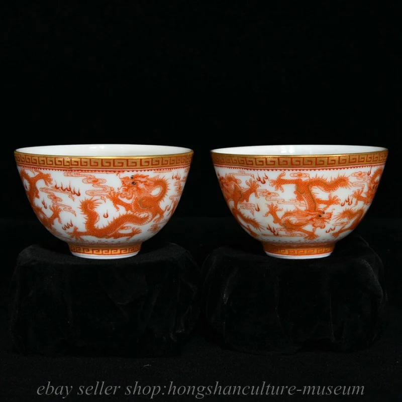 

3,2 "Qing Qianlong китайская чайная миска из красного позолоченного фарфора с драконом