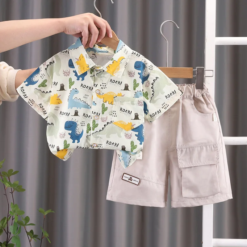 

Комплект с коротким рукавом для мальчиков, летняя новая рубашка, стильная повседневная детская рубашка, милый Модный комплект из двух предметов с лацканами