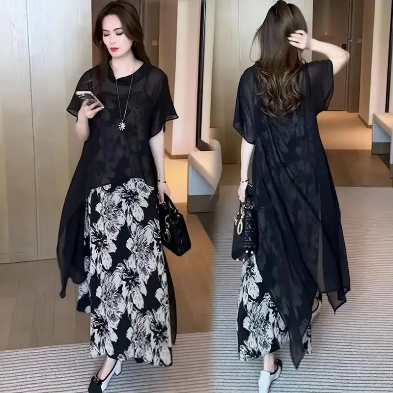 Large Women's Loose Dress Summer New Elegant Women's Long Chiffon Dress Fashion Two Piece Set Dresses for Women 2024 Dress Sets
