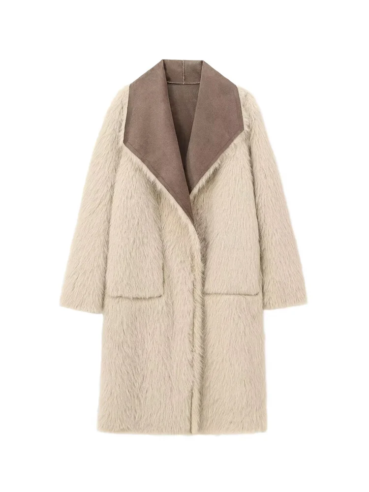 Women Winter Warm Jacket Coat New Loose Reversible Design Faux Fur Effect Long Sleeve Lapel Pocket Decorate Coat Casual Outwear