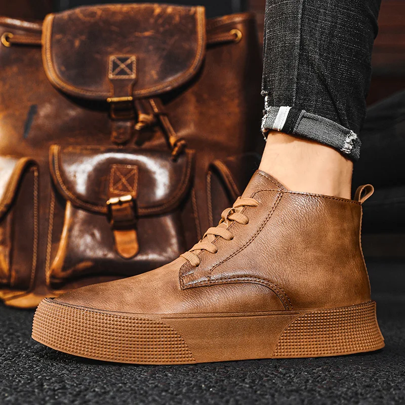 Autumn Men Ankle Boots High-cut Solid Genuine Leather Sneakers Motorcycle Boots Tooling Boots Platform Skateboard Sport Shoes