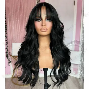 Full Lace Wigs Human Hair Loose Wave Natural Bangs Jet Black Per Plucked 360 Lace 5x5HD Lace Wig Remy Brazilian Hair for Women