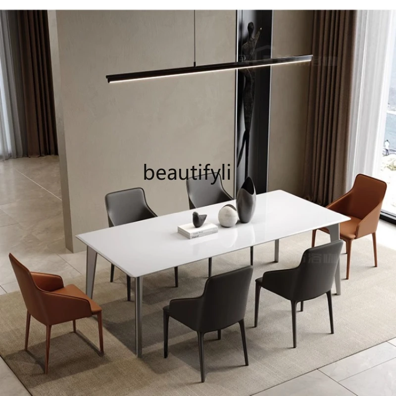 

Italian Simple Luxury Jade Stone Long Table Modern Dining Table Light Luxury Four-Leg Dining Table Home Minimalist Dining Table