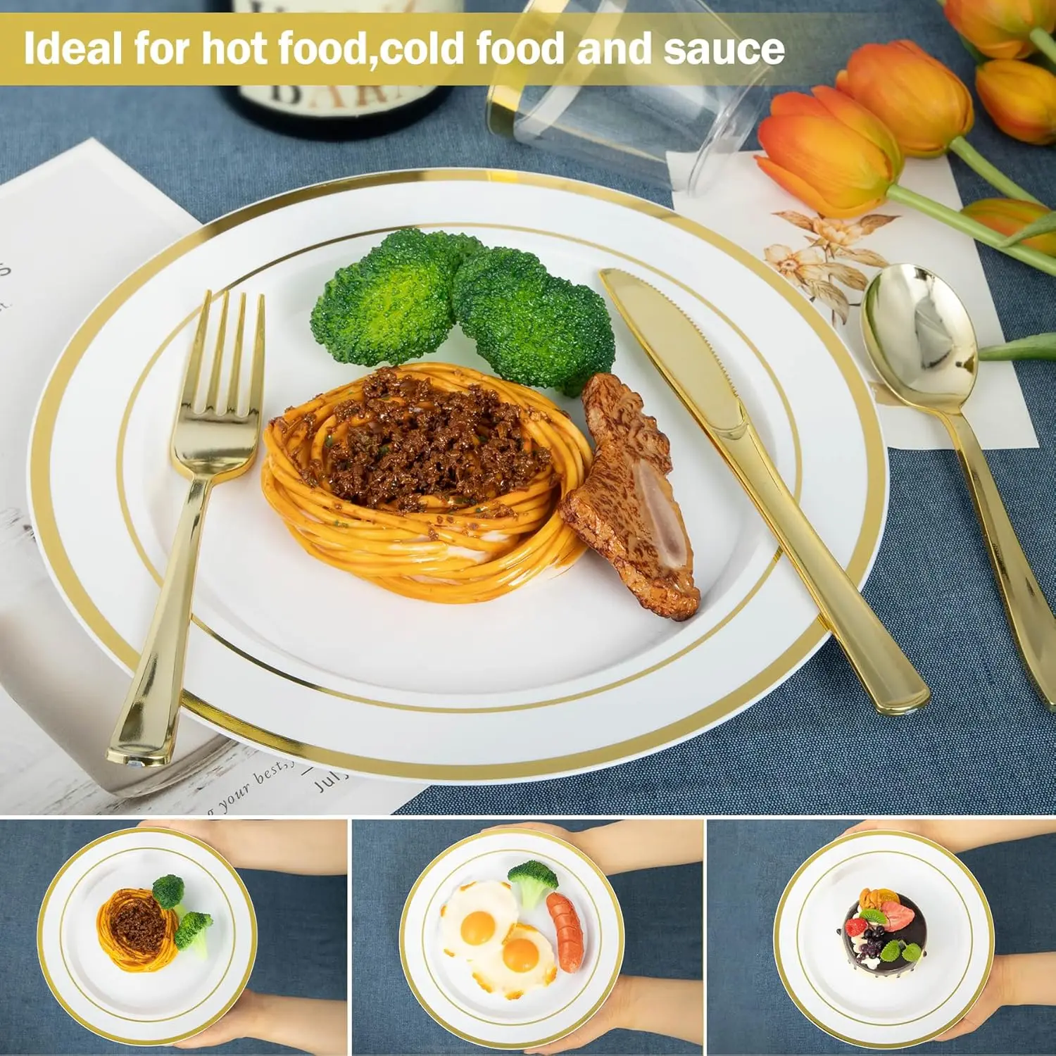 600PCS Disposable Plastic Plates Gold Plastic Dinnerware Set Includes 100 Dinner Plates Dessert Cups Spoons Forks Knives