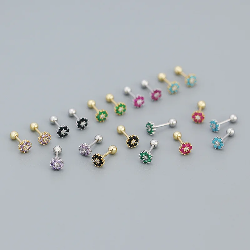 WANTME 925 Sterling Silver Colored Zircon Romantic Flower Beads Ear Bone Piercing Earrings for Women Green Stamens Stud Jewelry