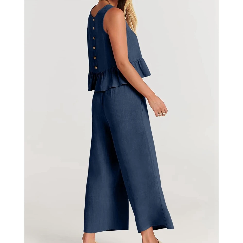 Women Summer Button Back Sleeveless Ruffle Cami Top & Wide Leg Pants Set Casual 2 Piece Set Outfit for Woman Solid Suit Clothing
