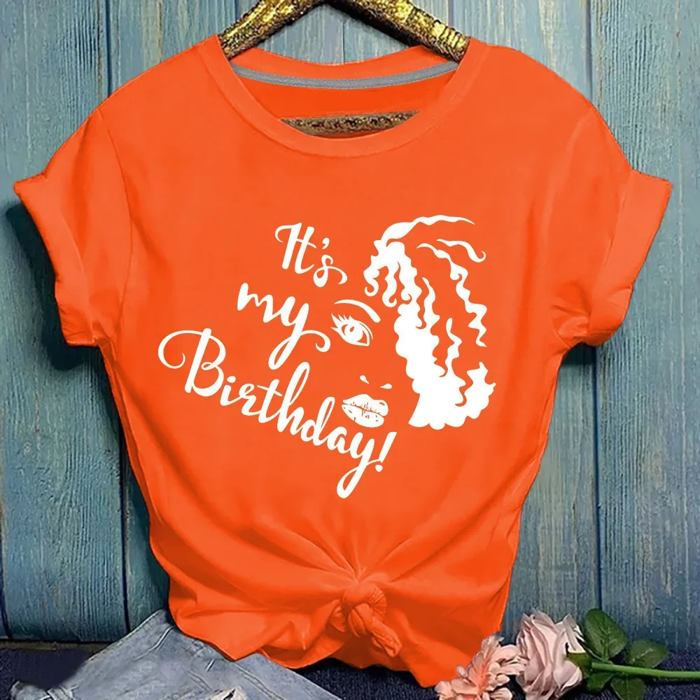 

Футболка женская с принтом надписи It's My Birthday, свободная рубашка с коротким рукавом и круглым вырезом, летний топ