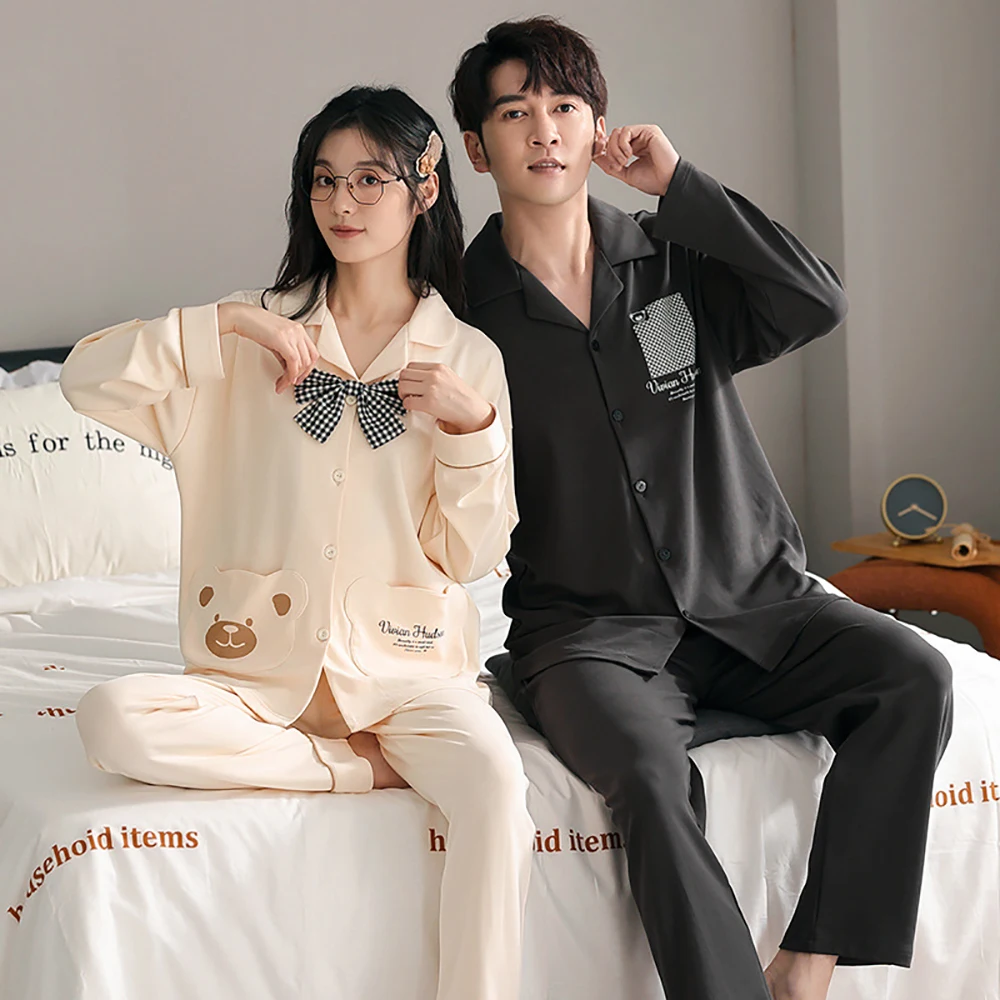 M-3XL 100% Cotton High-quality Couple Sleepwear Spring Autumn Smile Face Print Pajama Sets Comfortable Soft Loose Pijama Mujer