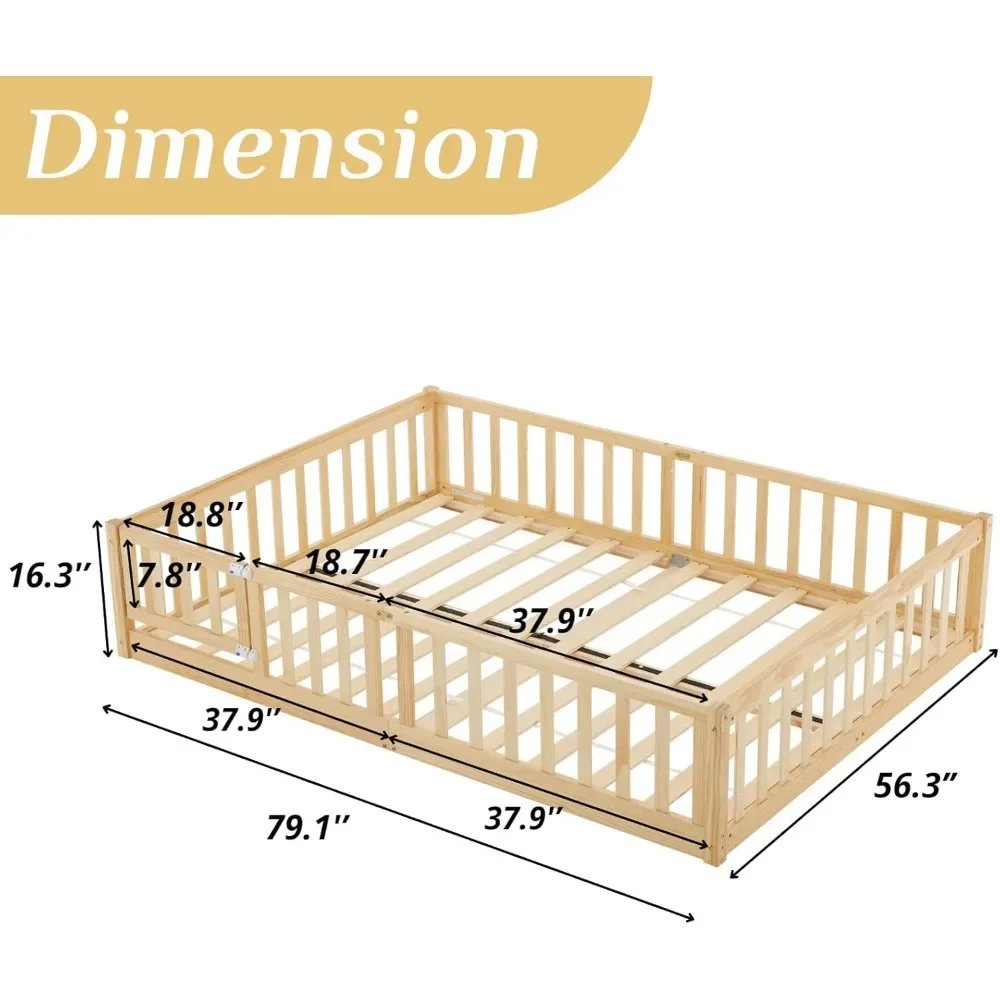 home Toddler Floor Bed with Door and Fence for Kids, Montessori Bed with 12 Slats and Safety Guardrails, Kids Bed Solid Wood 2