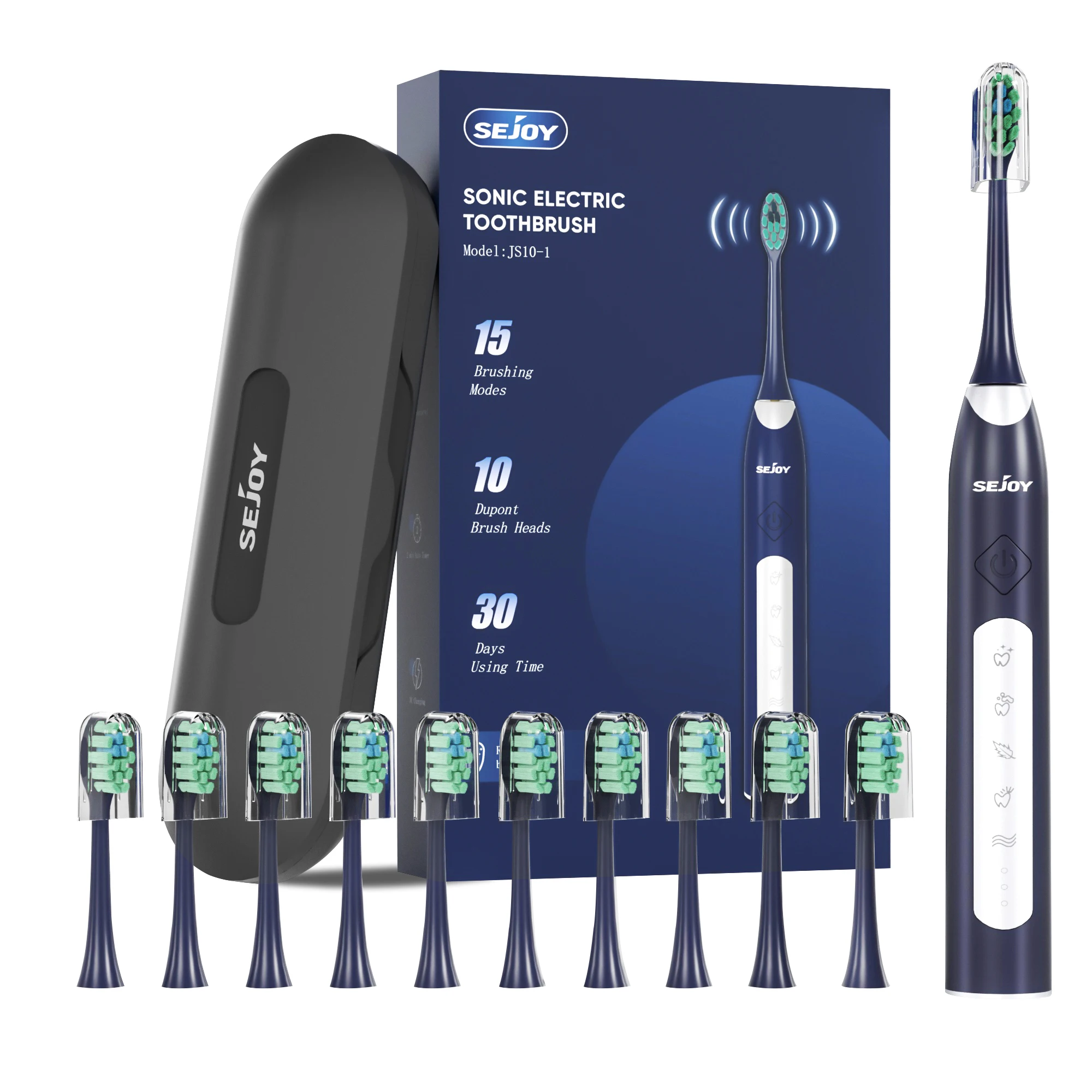 Sejoy Electric Sonic Toothbrush Rechargeable with 10 pcs Replacement Heads Waterproof Tooth Brushes for Home Travel
