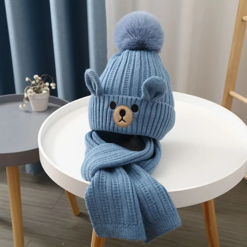Comfortable Plush Bear Children Scarf Hat Set Cartoon Warm Wool Beanie Neck Warmer Cute Warm Knitted Cap Girls
