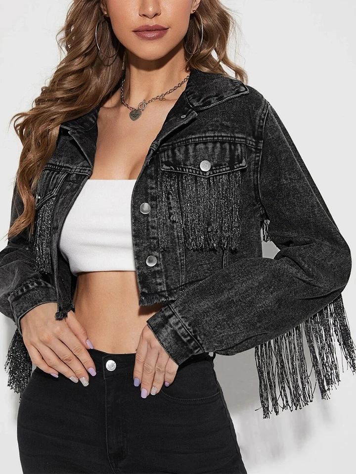 Stylish Women's Denim Jacket with Tassel Detailing