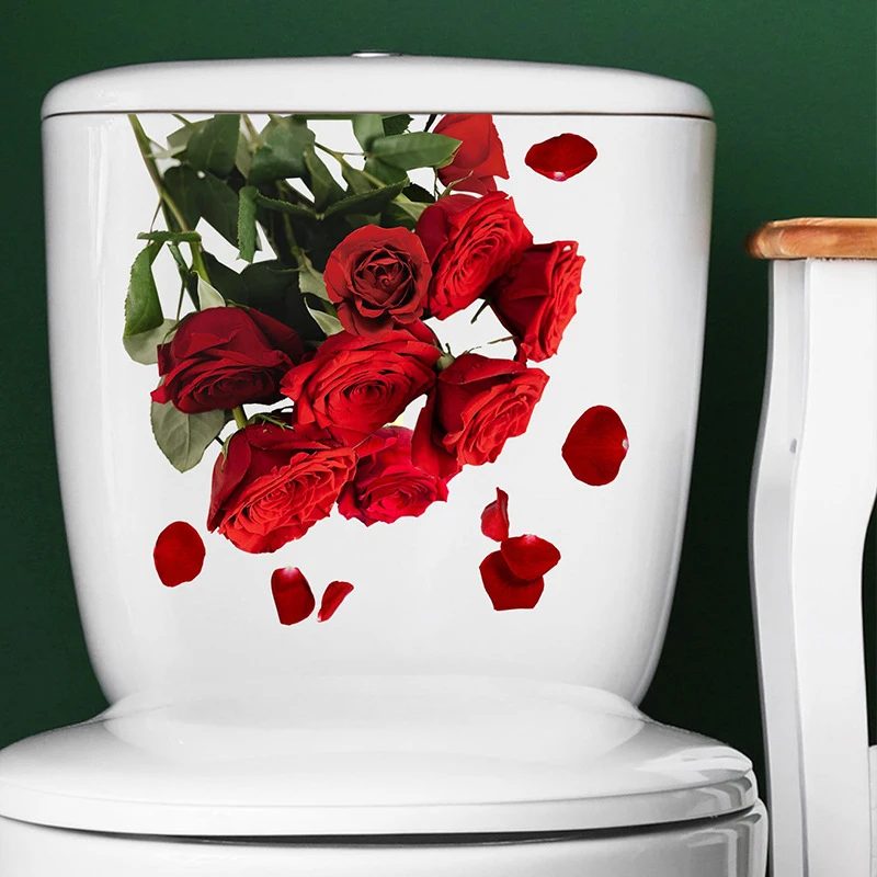 Roses Toilet Seat Stickers Red Flowers Toilet Lid Decals DIY Removable Watercolor Bouquet Toilets Stickers For Cistern Bathroom