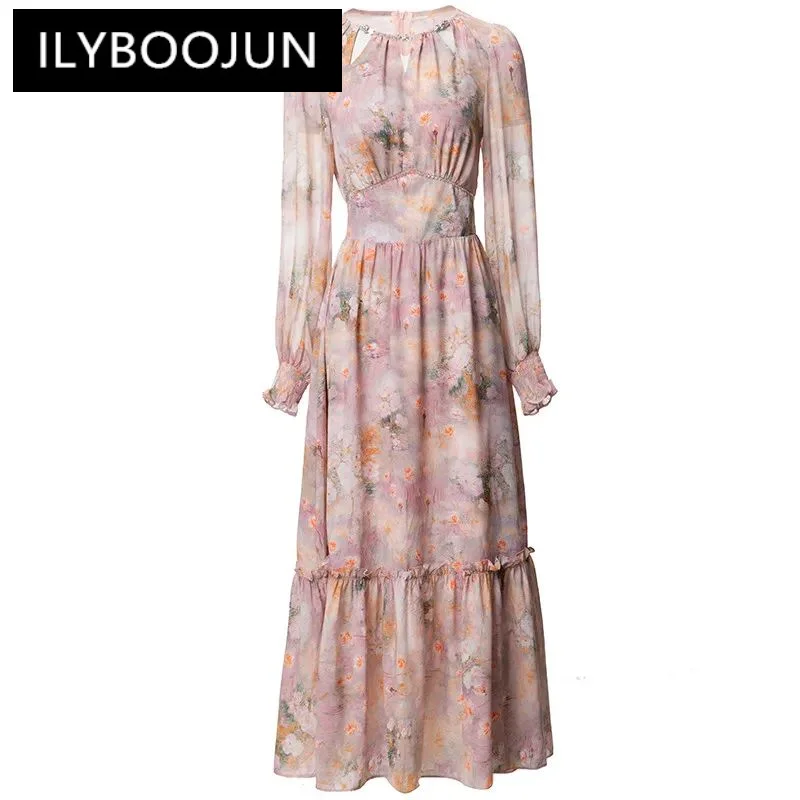 

ILYBOOJUN Fashion Women's New Lantern Sleeved Patchwork Vintage Printed Nail Beads Edible Tree Fungus Pleated Shaggy MIDI Dress