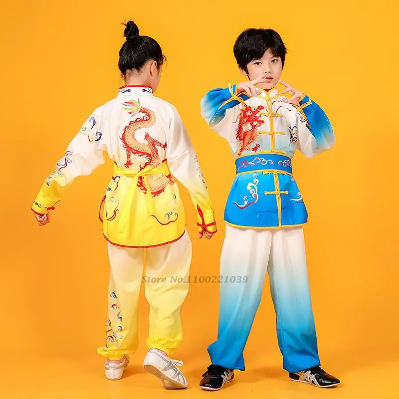 2024 chinese children tai chi wushu clothing martial arts suit kung fu uniform wing chun shaolin dragon print chinese kungfu set 9 monkeys of shaolin