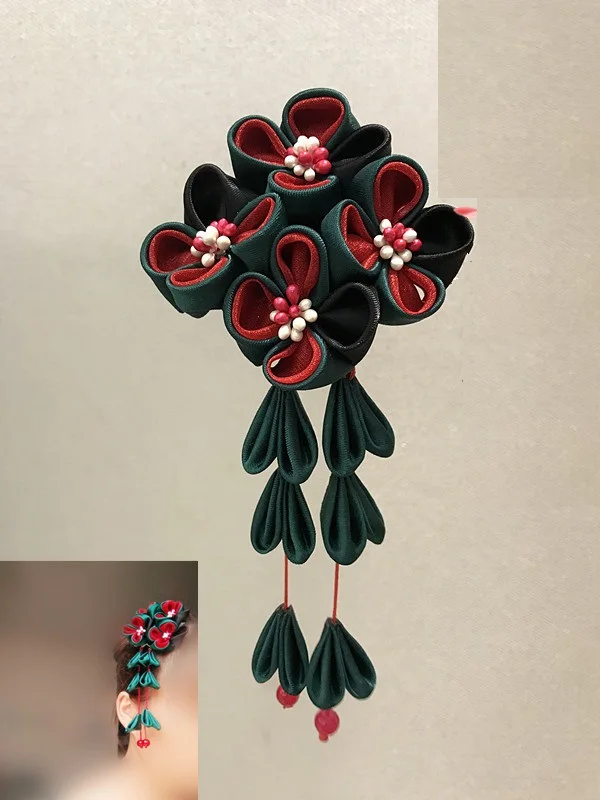 빈티지 수제 가부키 천, 꽃, 빨간 술, 헤어 클립, 빗 액세서리, 일본 의류