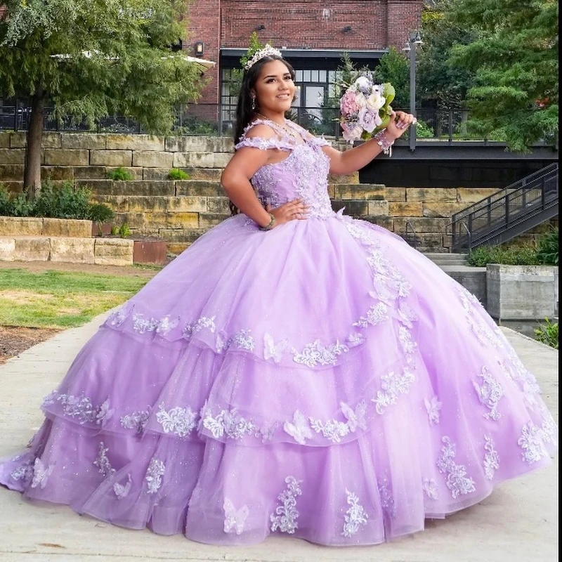 

Лавандовые мексиканские платья Quinceanera ручной работы 3D Цветочная аппликация кружева день рождения принцессы вечерние бальные платья XV лет