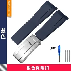 Premium Black Silicone Watch Band Bracelet - 20mm/21mm Rubber Strap - 21mm (Blue silver clasp)
