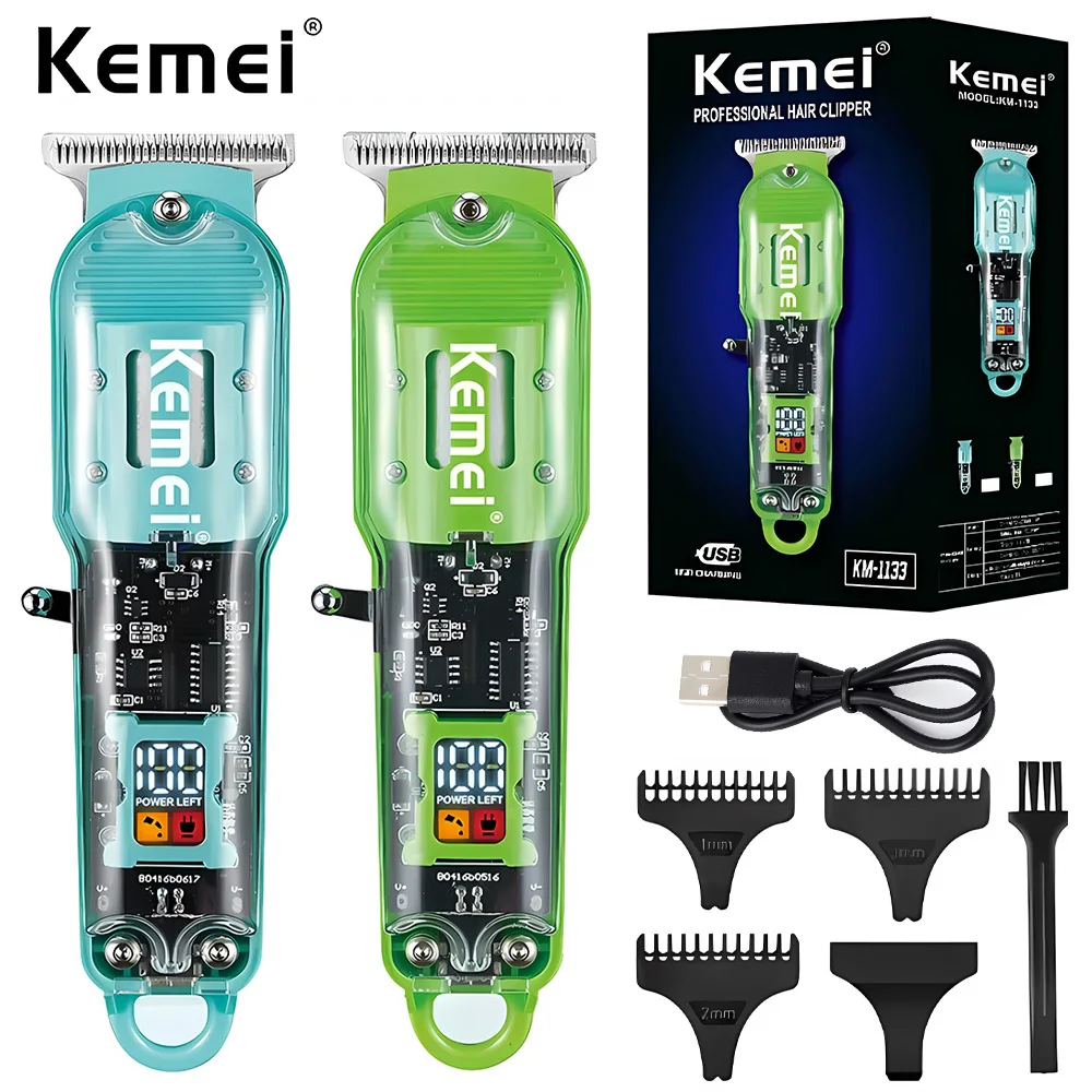 Kemei Km-1133 Tagliacapelli Ricaricabile Barbiere Dissolvenza Tagliacapelli Professionale Tagliacapelli Cordless Copertura Trasparente