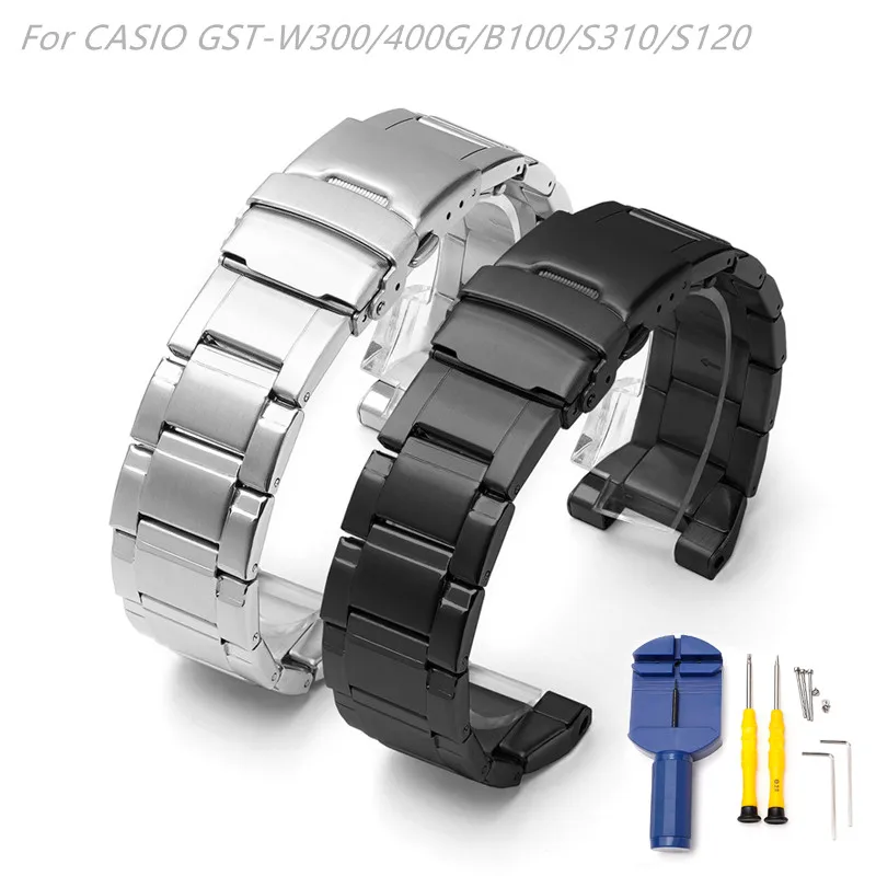

For CASIO-GST-W300/GST-S300/GST-S210B/GST-S100G Stainless steel watch strap Butterfly folding buckle bracelet beads of rice band