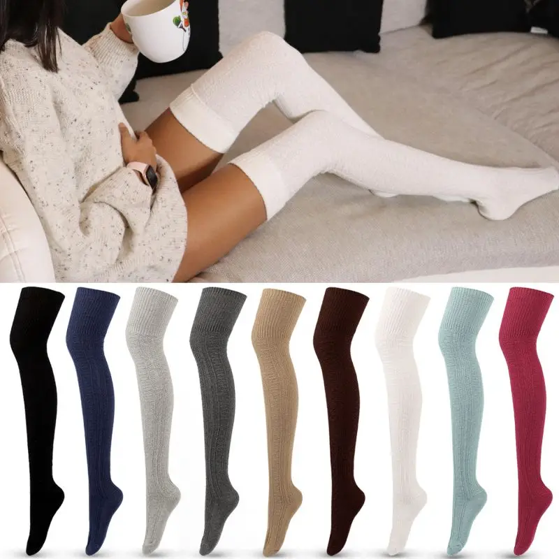 Winter Socks Thermal Stocking Knee Thigh High Women's Long Korean Japanese Style White Hot Over Black 7/8 For Girls Half Fuzzy