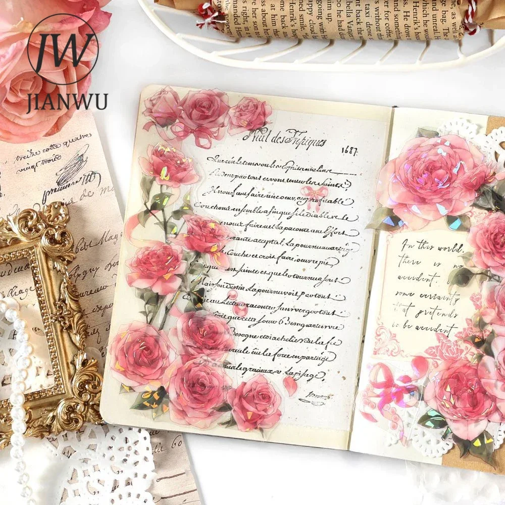 JIANWU Rose Manor Series Vintage Flower Landscaping Strip Material Collage PET Tape Creative DIY Journal Stationery 3