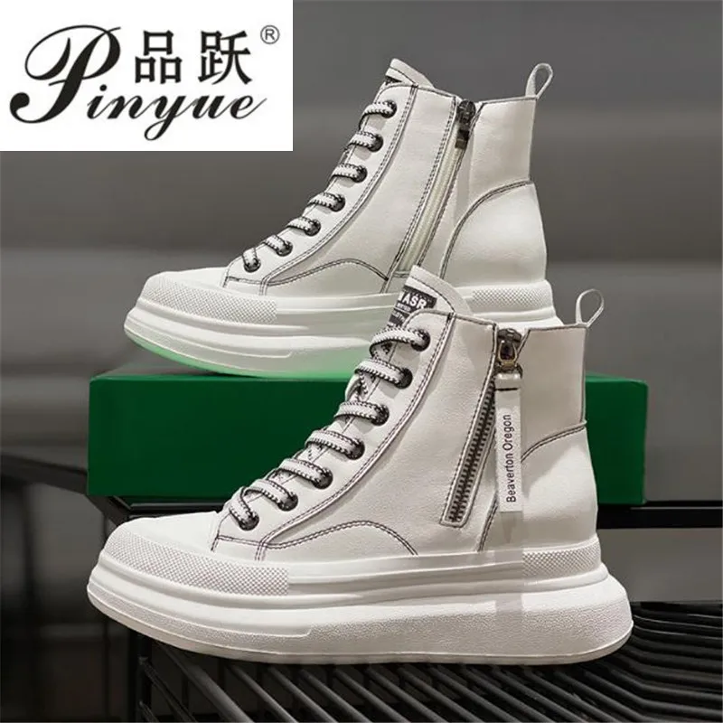 

6cm New High-Top White Shoes Genuine Leather Women's Inner Increase Thick-Soled Comfortable Side zipper Casual Sports Shoes