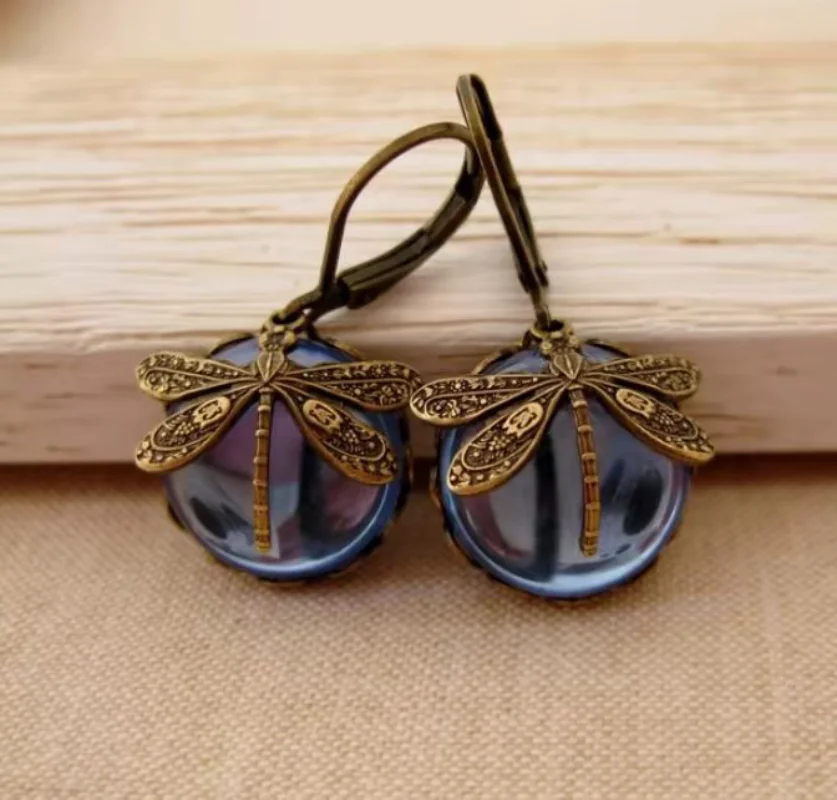Stylish Vintage Drop Earrings Featuring Dragonfly and Moonstone 3 Stylish Vintage Drop Earrings Featuring Dragonfly and Moonstone 3