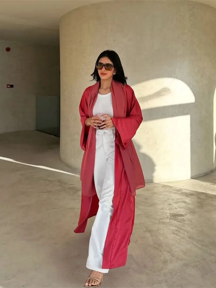 Eid Girl-Kimono de satén abierto para mujer, Abaya rosa, caftán