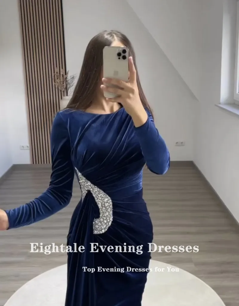 Eightale Velvet Evening Dress for Wedding Party O-Neck Beaded Long Sleeves Mermaid Dubai Arabic Formal Celebrity Prom Gowns